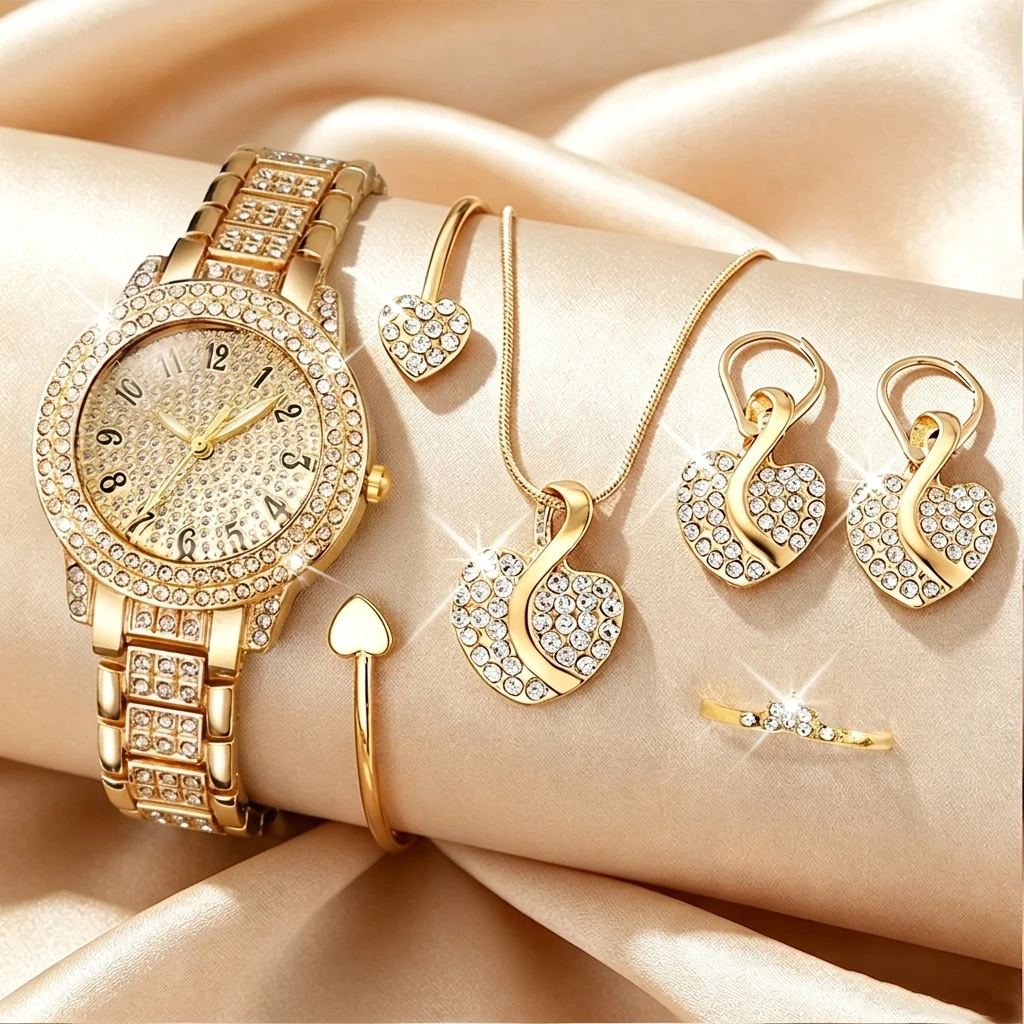 Open Heart Watch - 6PCS Set Perhiasan Jam Tangan Wanita