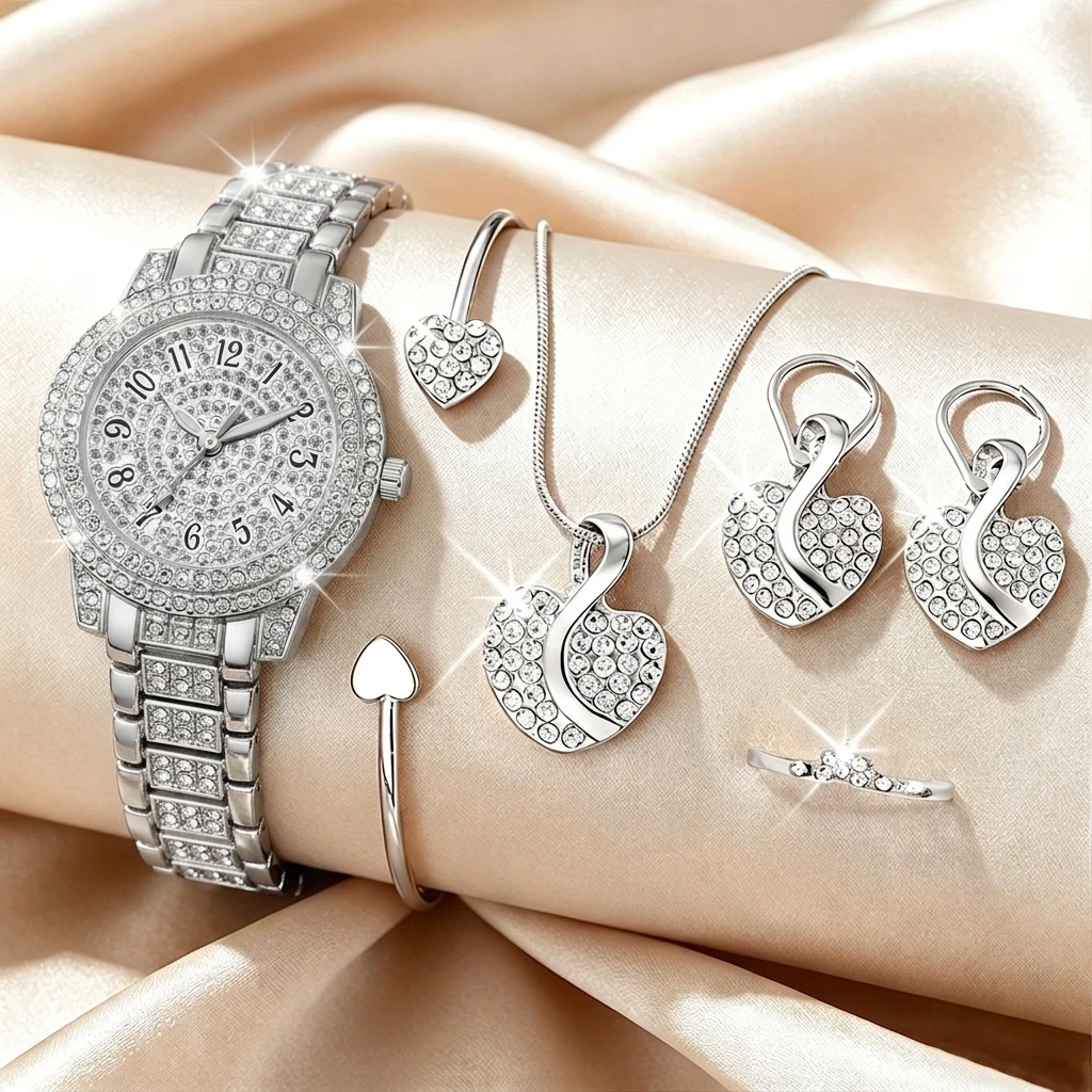 6PCS Set Perhiasan Jam Tangan  - Open Heart Watch ulasan dan harga